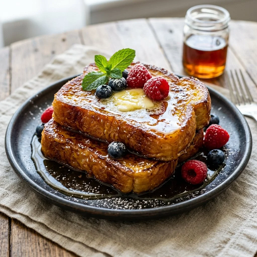 Delicious Brioche French Toast topped with syrup and fresh berries