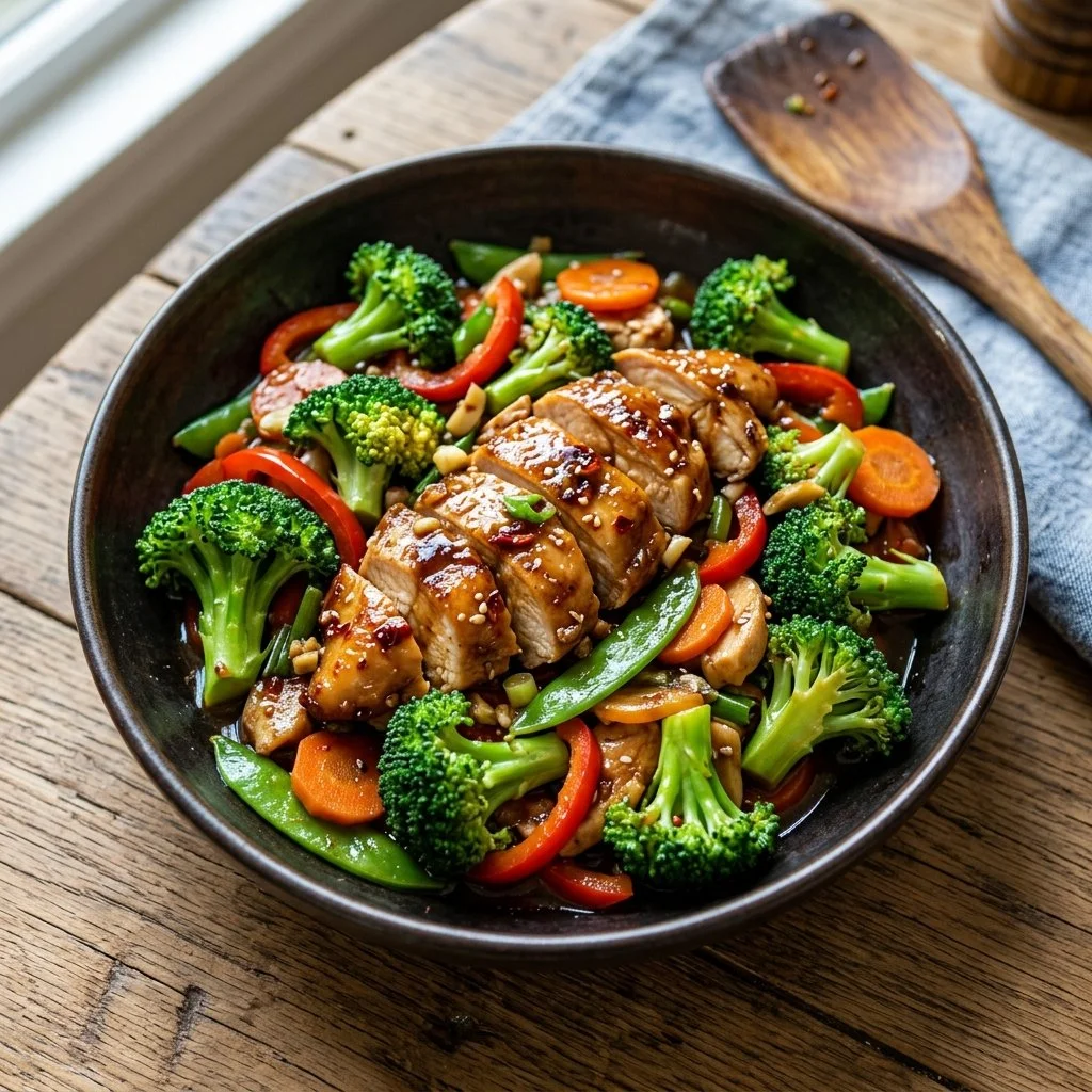 Delicious Broccoli Chicken Stir Fry with colorful vegetables in a skillet