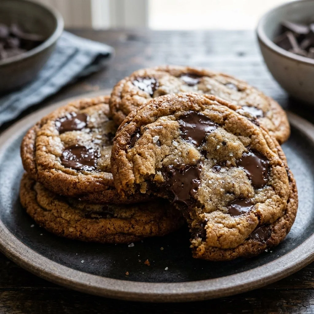 Freshly baked brown butter chocolate chip cookies on a cooling rack