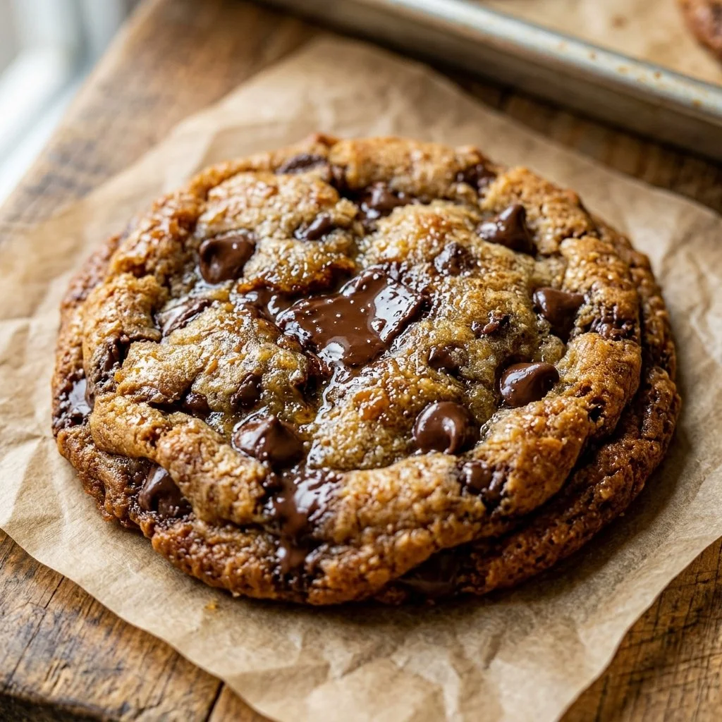 Freshly baked brown butter chocolate chip cookies on a cooling rack