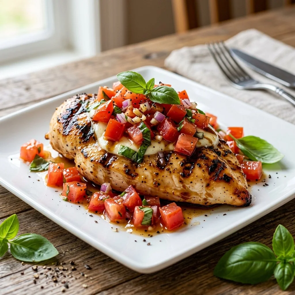 Delicious Bruschetta Chicken topped with fresh tomatoes and basil
