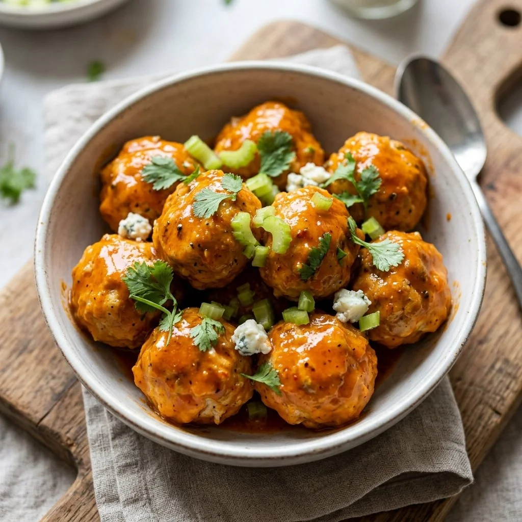 Buffalo Chicken Meatballs served with dipping sauce on a plate