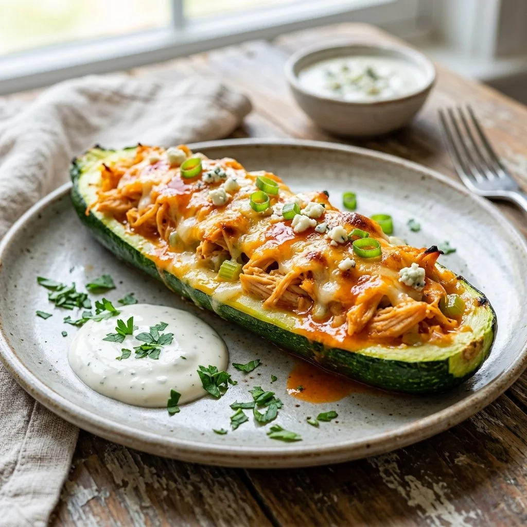 Buffalo chicken stuffed zucchini dish garnished with herbs on a plate.