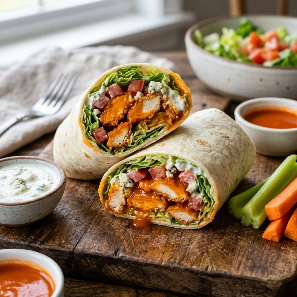 Delicious Buffalo Chicken Wraps with spicy chicken and fresh vegetables