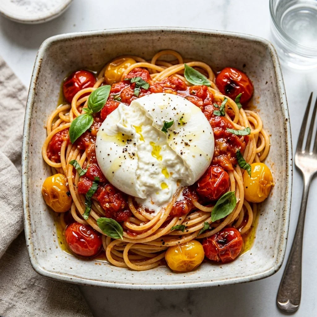 Delicious bowl of Burrata Pasta topped with fresh herbs and cherry tomatoes