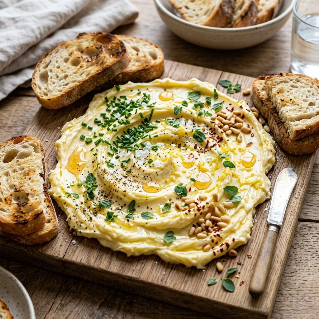 A delicious butter board with various toppings and bread for serving.