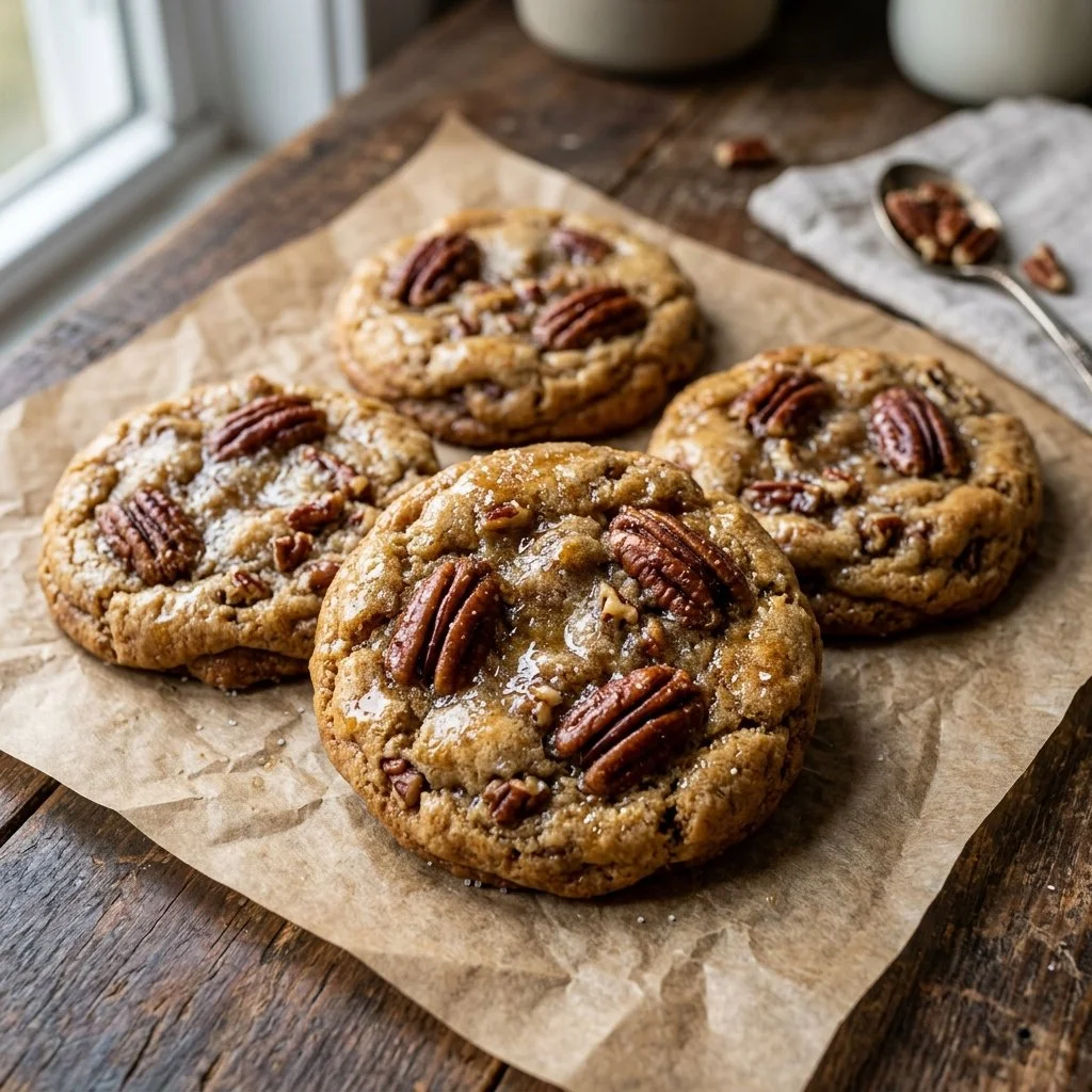 Freshly baked Butter Pecan Cookies on a cooling rack