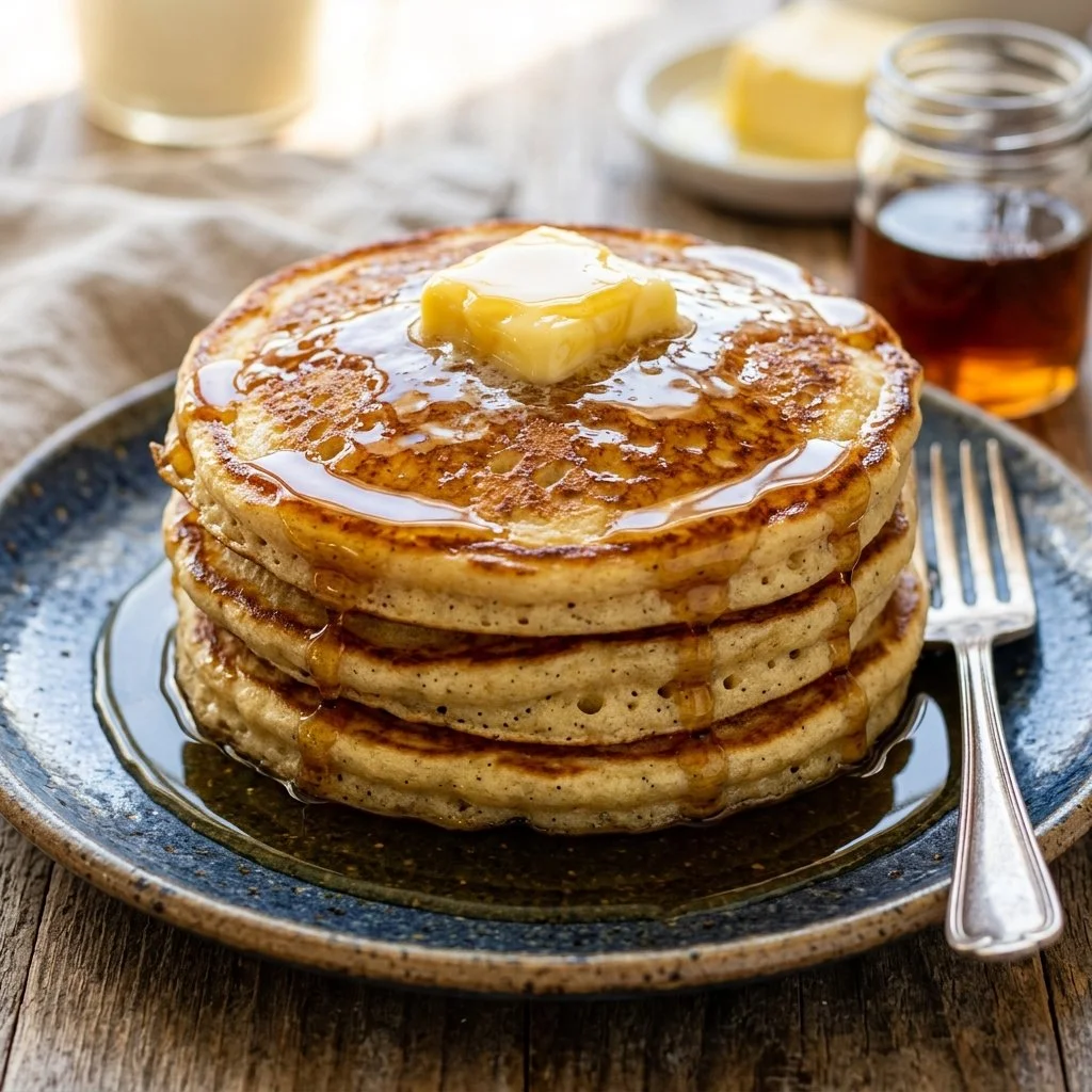 Fluffy buttermilk pancakes served with syrup and berries on a plate