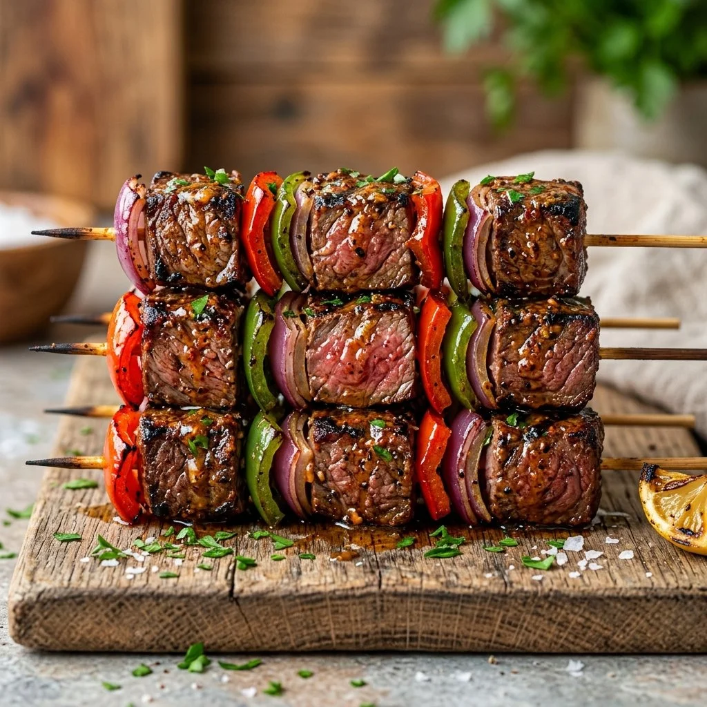 Cajun Butter Steak Skewers ready for grilling on a barbecue grill.