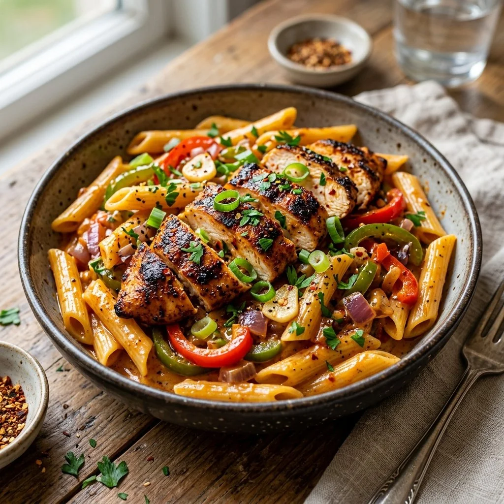 Delicious Cajun Chicken Pasta served with a rich, spicy sauce and vegetables