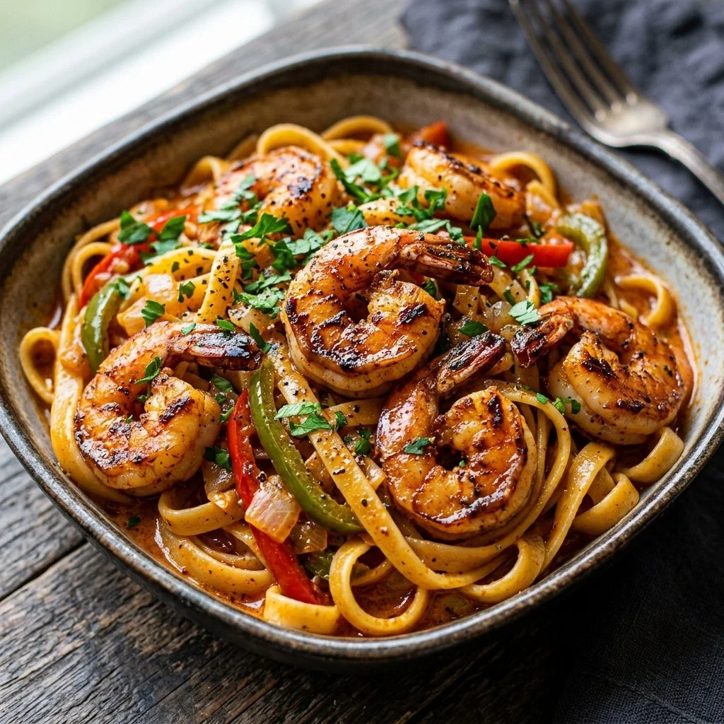 Plate of spicy Cajun Shrimp Pasta with herbs and spices