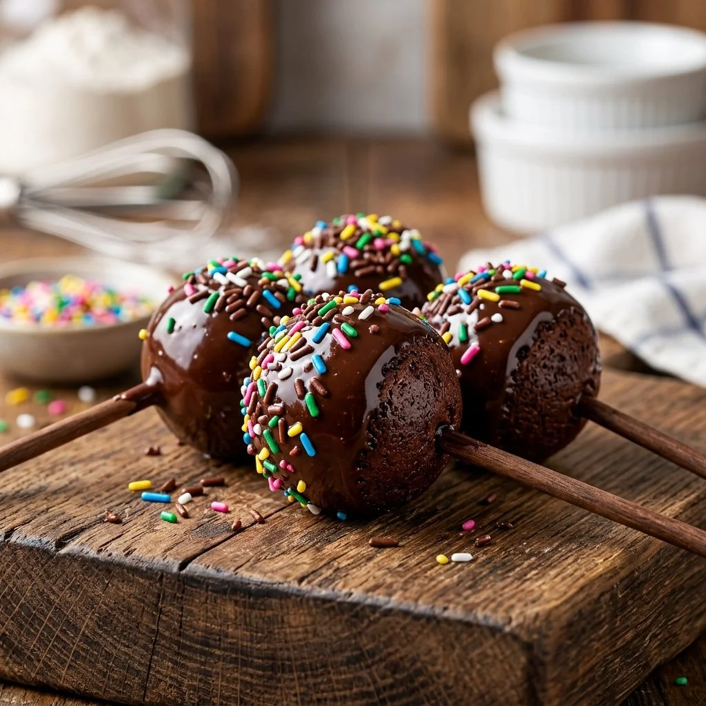 Deliciously decorated cake pops on a display tray.