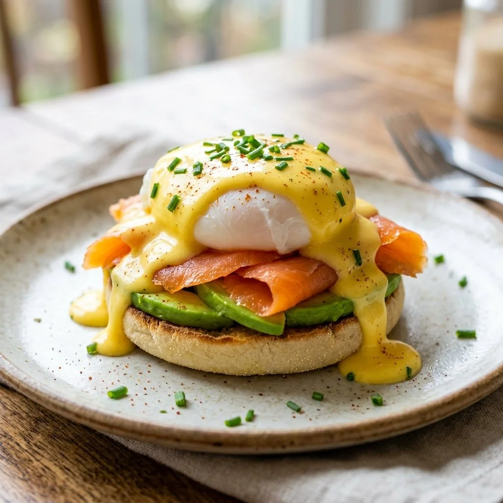 Delicious California Eggs Benedict with avocado and hollandaise sauce