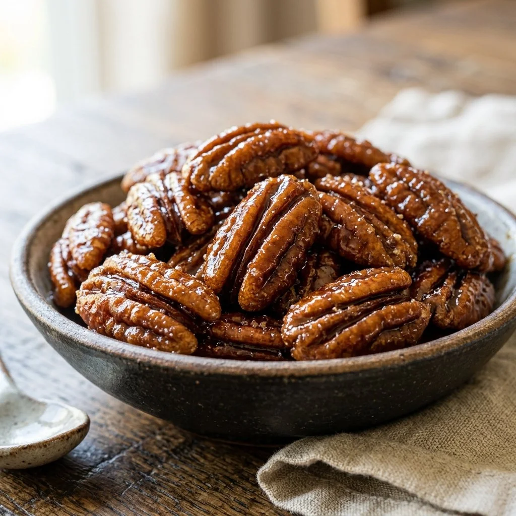 Bowl of sweet candied pecans ready to enjoy as a snack or dessert topping.