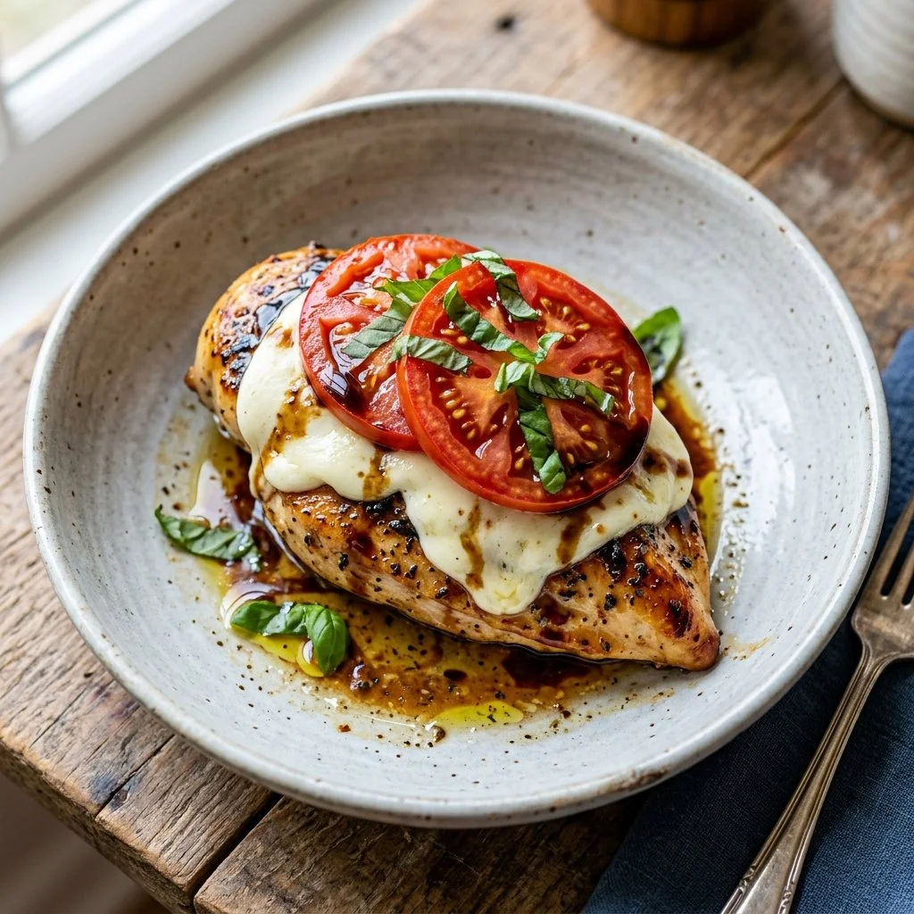 Delicious Caprese Chicken topped with fresh mozzarella, tomatoes, and basil