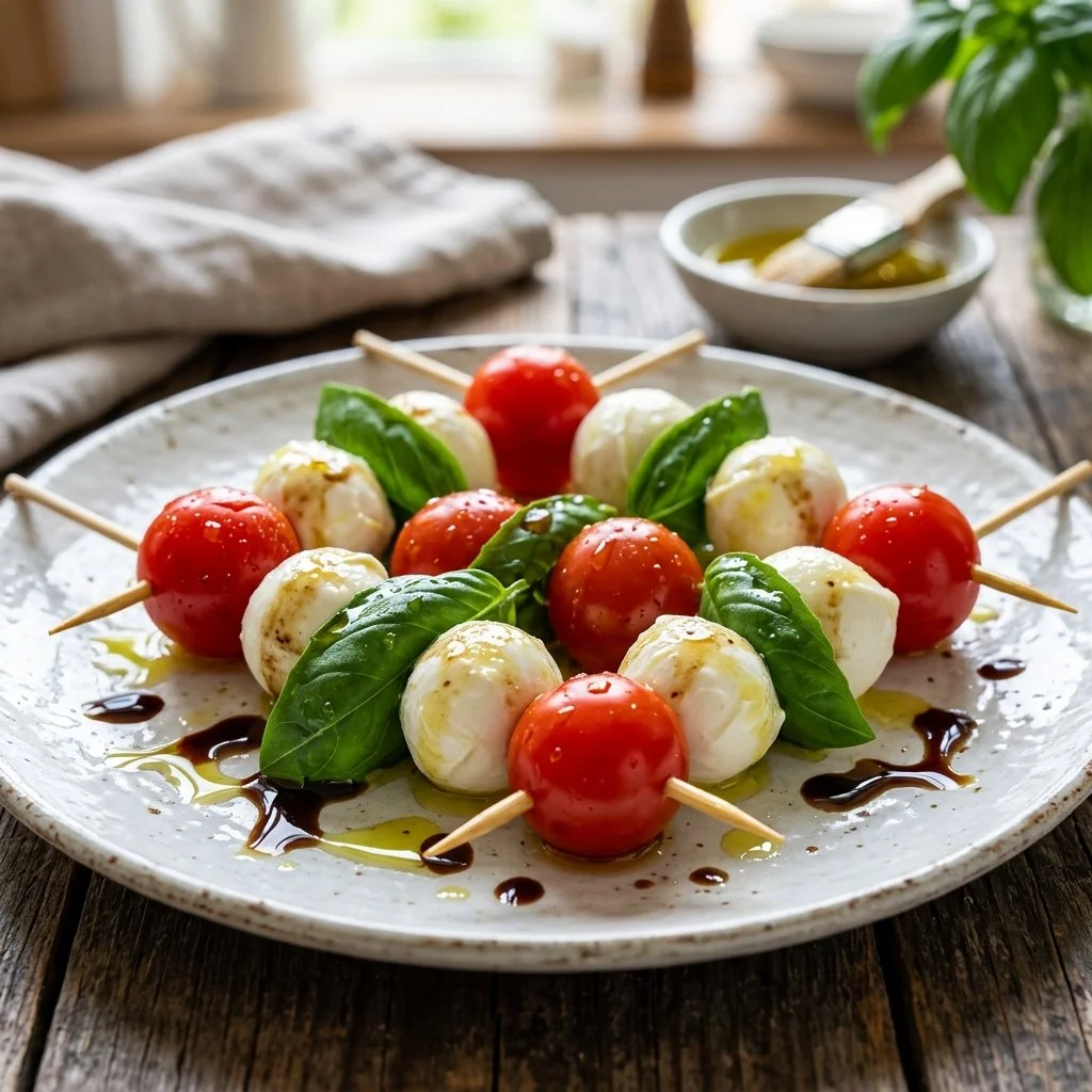 Colorful Caprese Skewers with mozzarella, cherry tomatoes, and basil leaves.