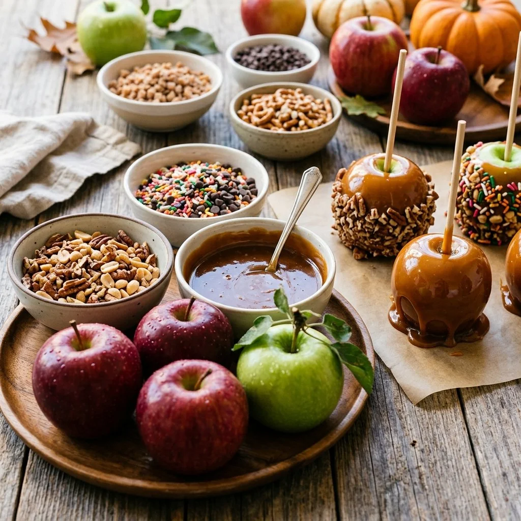 Delicious caramel apple bar with fresh apples and toppings available.