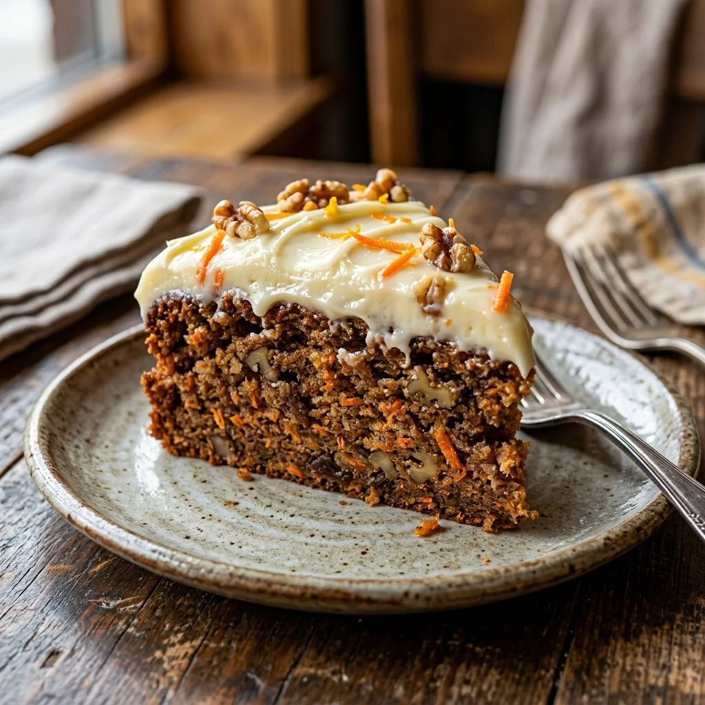 Deliciously moist carrot cake topped with cream cheese frosting and walnuts