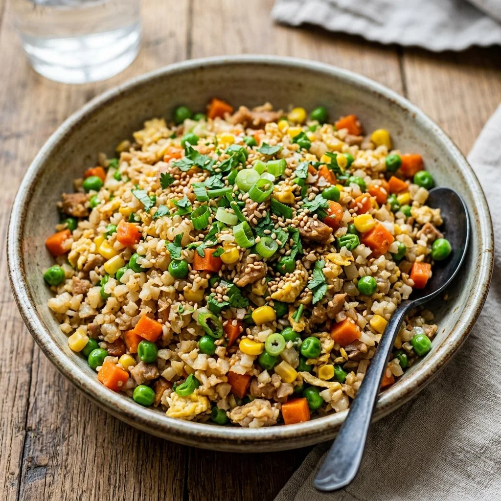 Bowl of healthy cauliflower fried rice with colorful vegetables