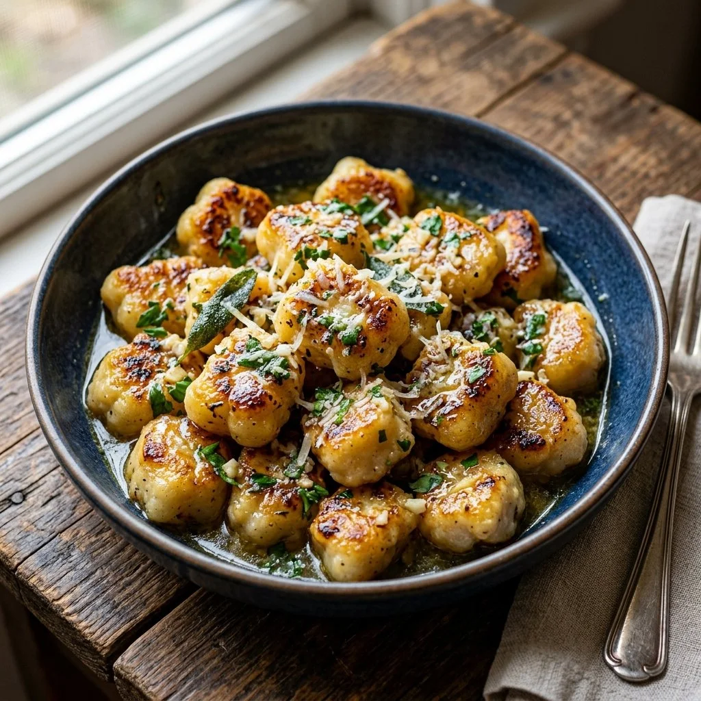 Plate of homemade Cauliflower Gnocchi topped with fresh herbs and sauce.