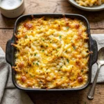 Cheesy hash brown casserole dish ready to serve, topped with melted cheese