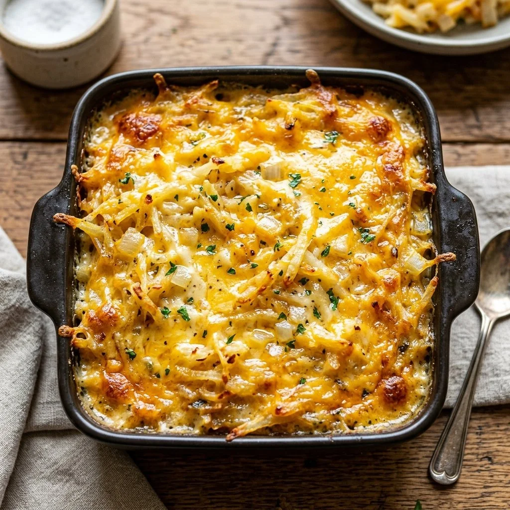 Cheesy hash brown casserole dish ready to serve, topped with melted cheese