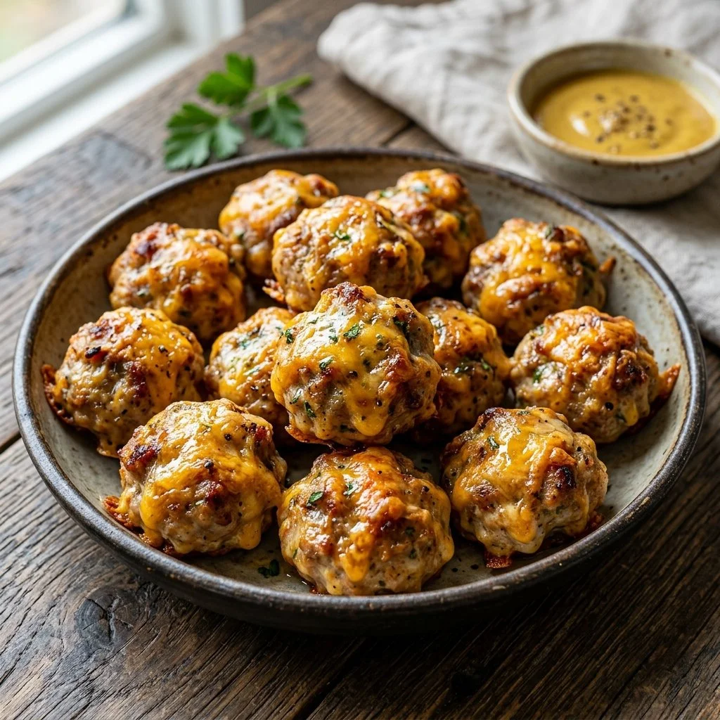 Cheesy sausage balls served on a platter with dipping sauce