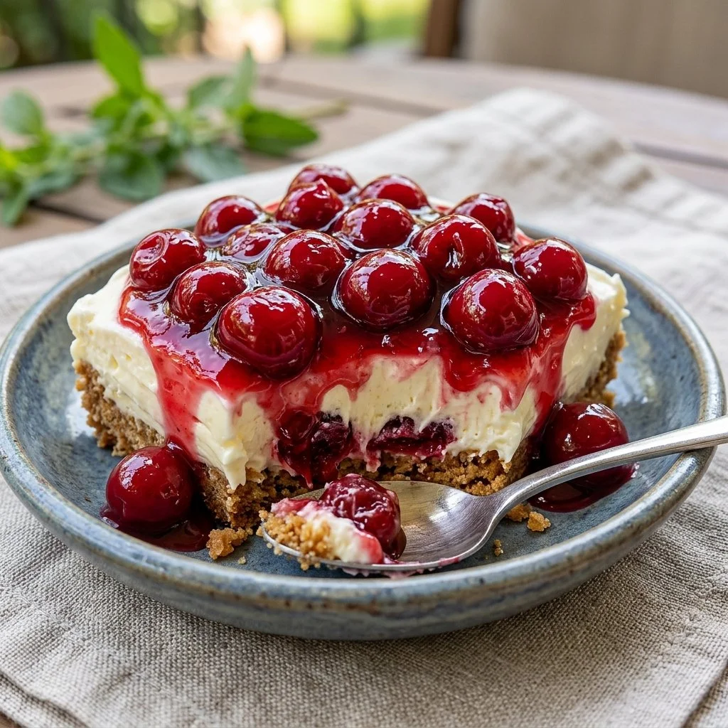 Delicious Cherry Delight dessert topped with fresh cherries and whipped cream.
