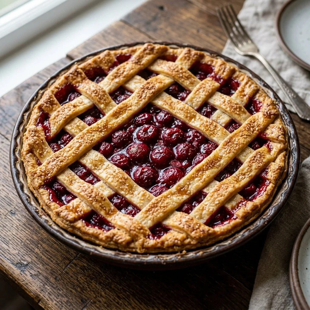 Homemade cherry pie with a golden crust and vibrant red cherry filling
