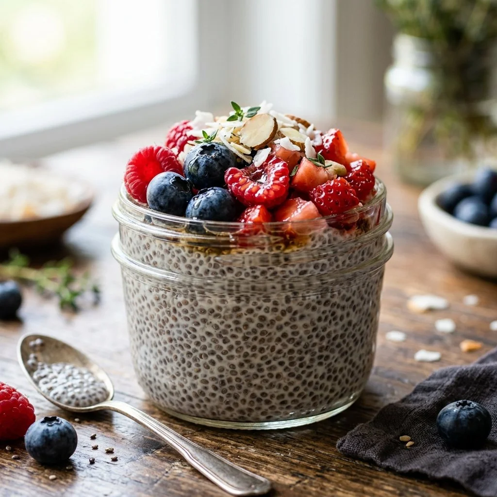 Delicious chia seed pudding topped with fresh fruits and nuts