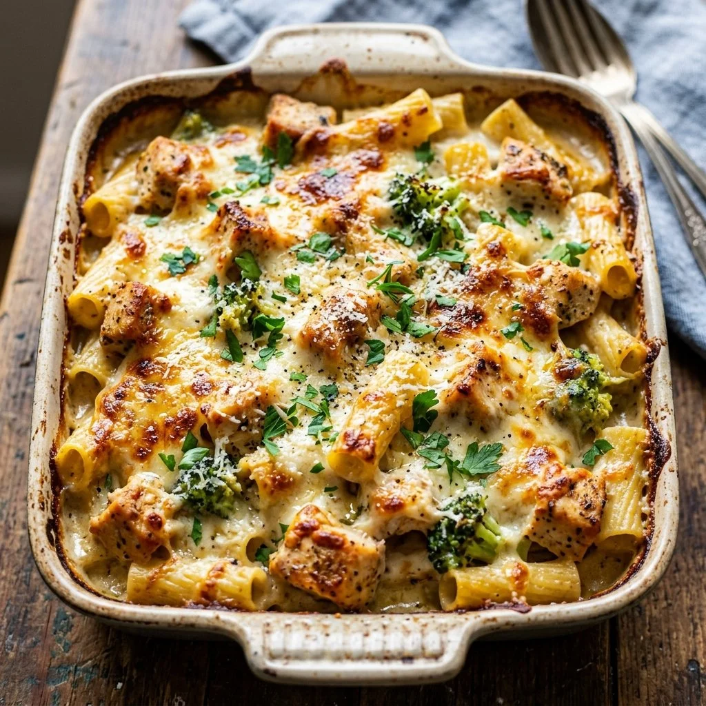 Creamy Chicken Alfredo Bake ready to serve in a casserole dish
