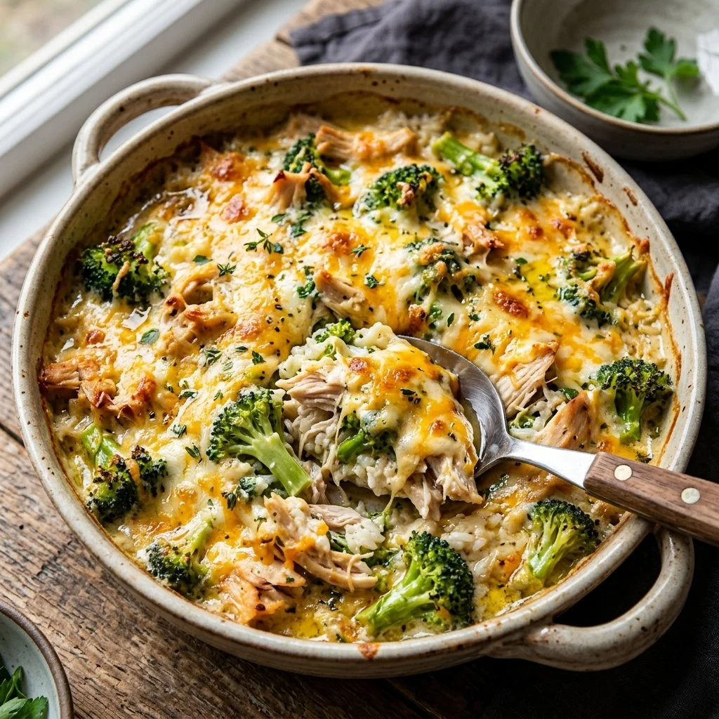 Delicious Chicken Broccoli Rice Casserole served in a baking dish
