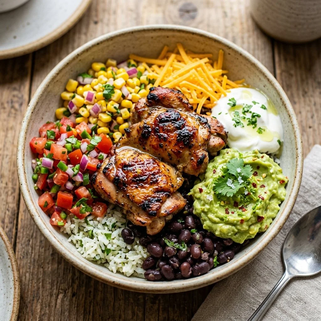 Chicken Burrito Bowl with chicken, rice, and fresh toppings