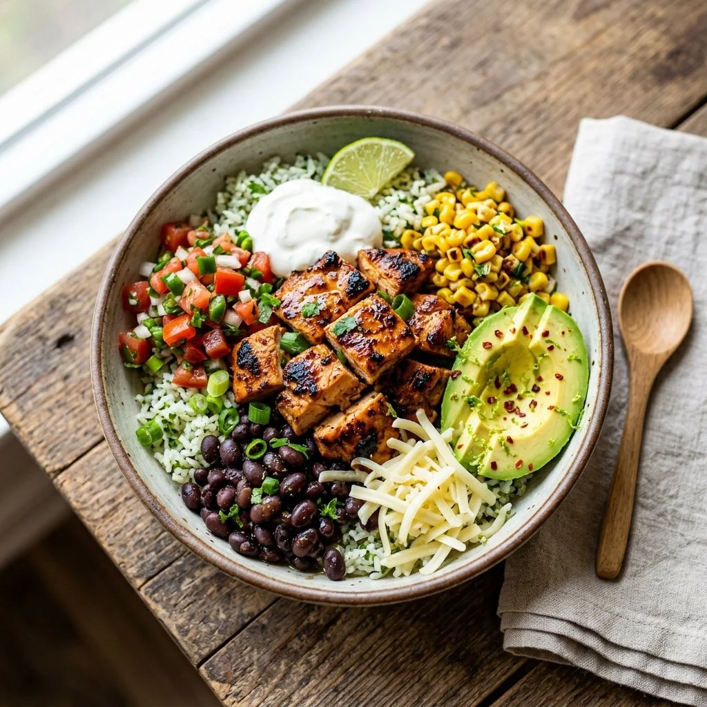 Delicious chicken burrito bowl with fresh ingredients and toppings.