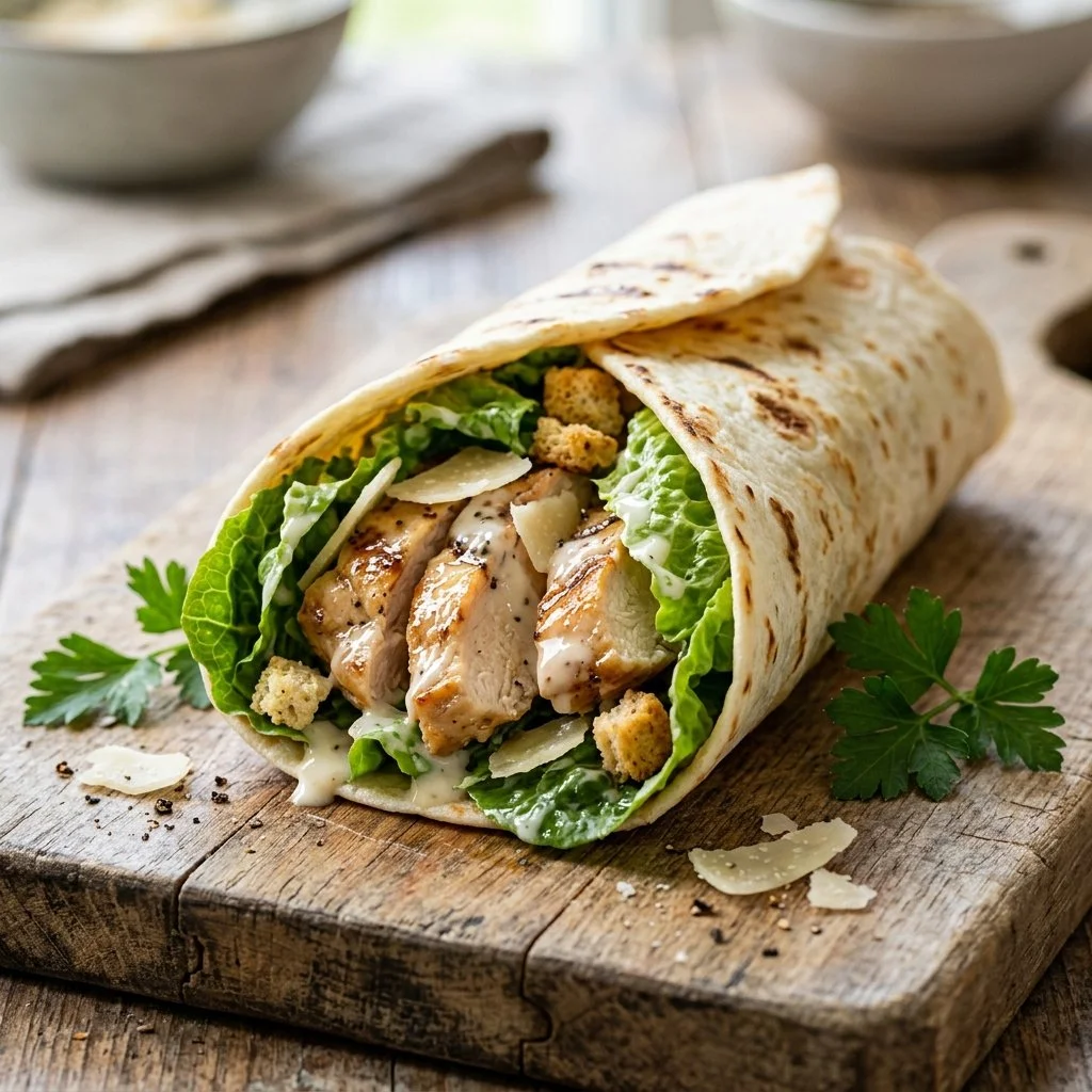 Healthy Chicken Caesar Salad Wrap with fresh ingredients and Caesar dressing.