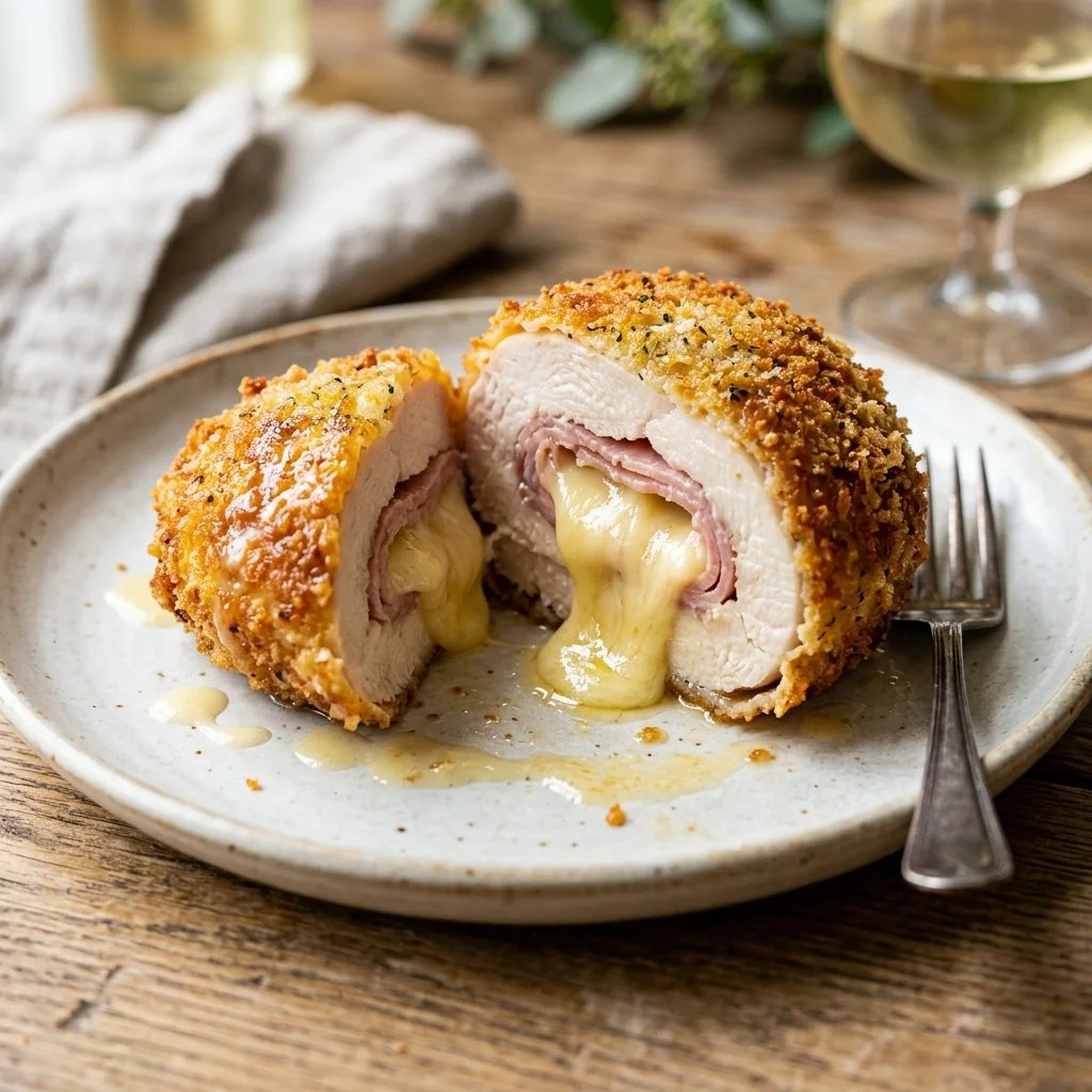 Delicious Chicken Cordon Bleu with crispy breading and melted cheese