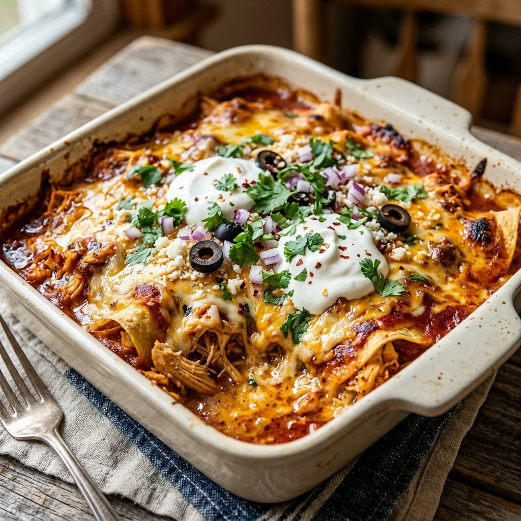 Delicious Chicken Enchilada Casserole topped with cheese and fresh garnishes