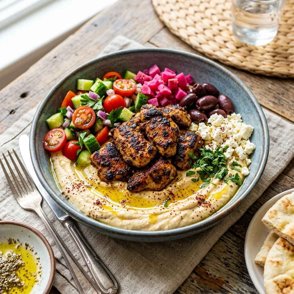 Delicious Chicken Hummus Bowl topped with fresh vegetables and spices