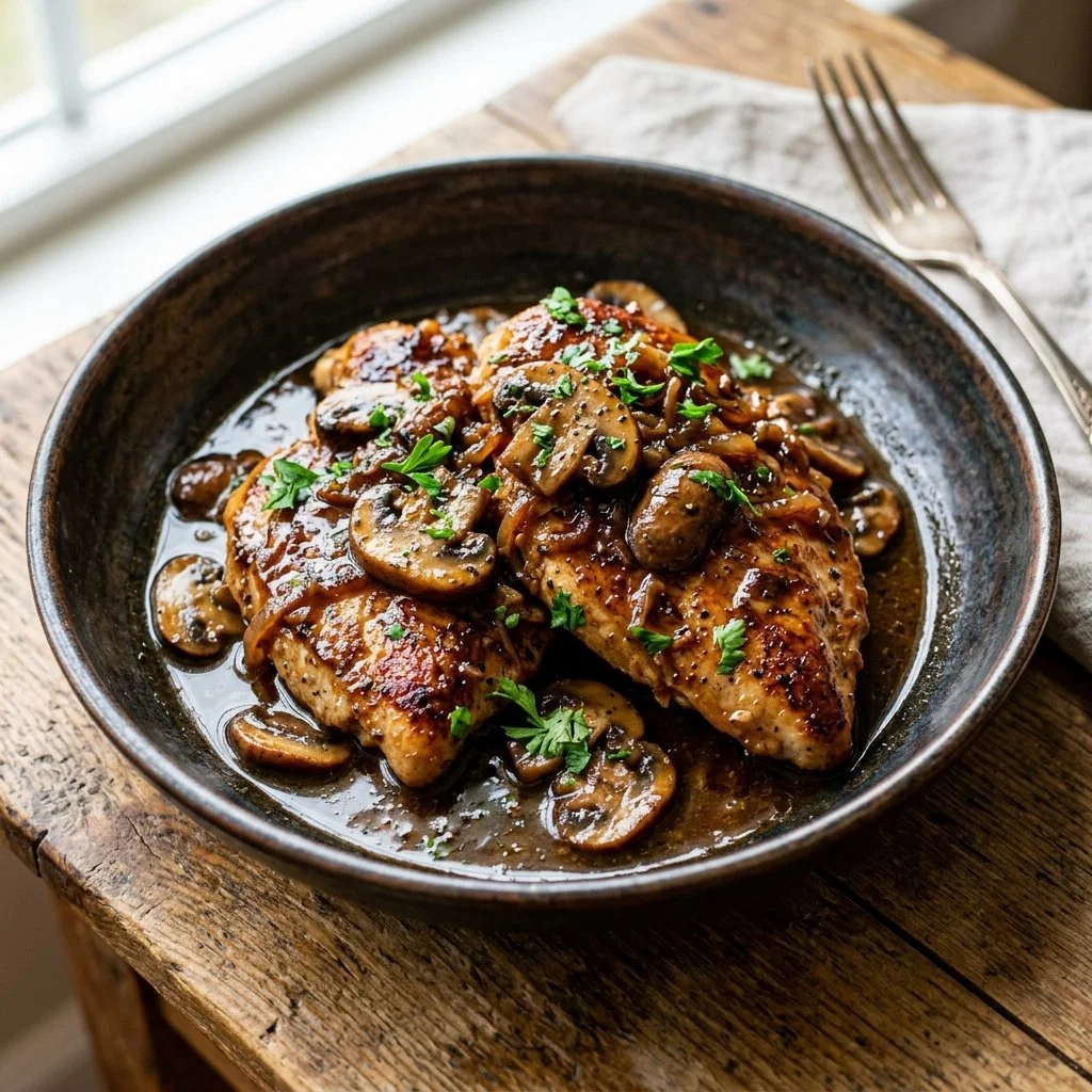 Delicious Chicken Marsala with mushrooms in a rich wine sauce