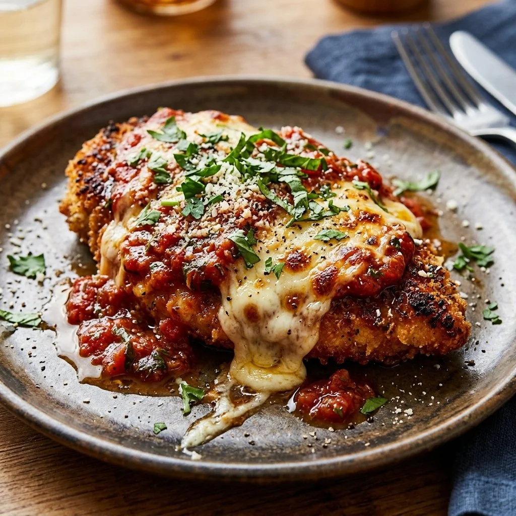 Delicious Chicken Parmesan served with pasta and garnished with fresh herbs.