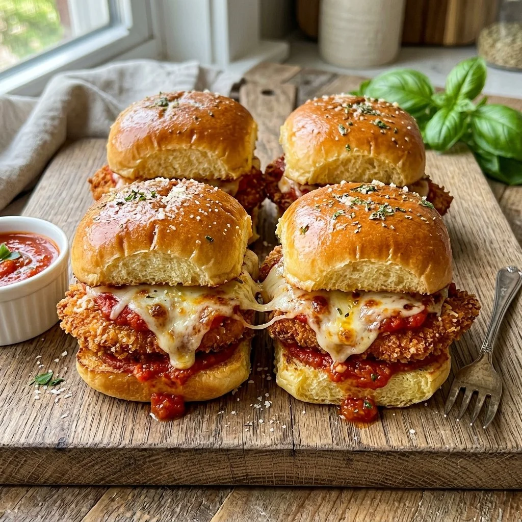 Chicken Parmesan Sliders served with marinara sauce and melted cheese