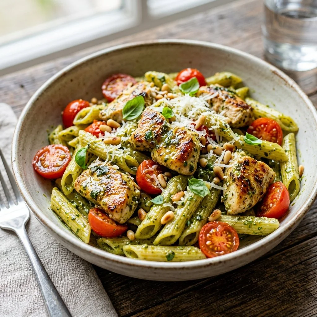 Delicious chicken pesto pasta served with fresh basil and parmesan cheese