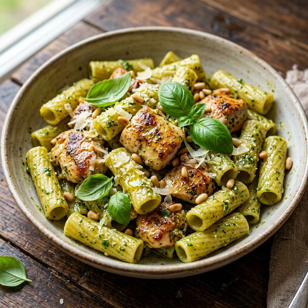 Delicious Chicken Pesto Pasta topped with fresh basil and cheese