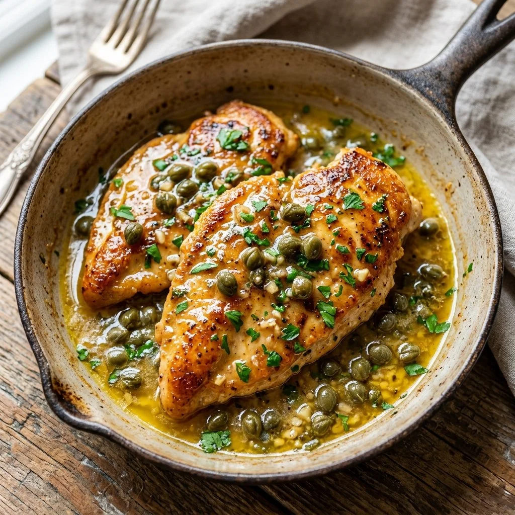 Plate of Chicken Piccata garnished with parsley and lemon slices