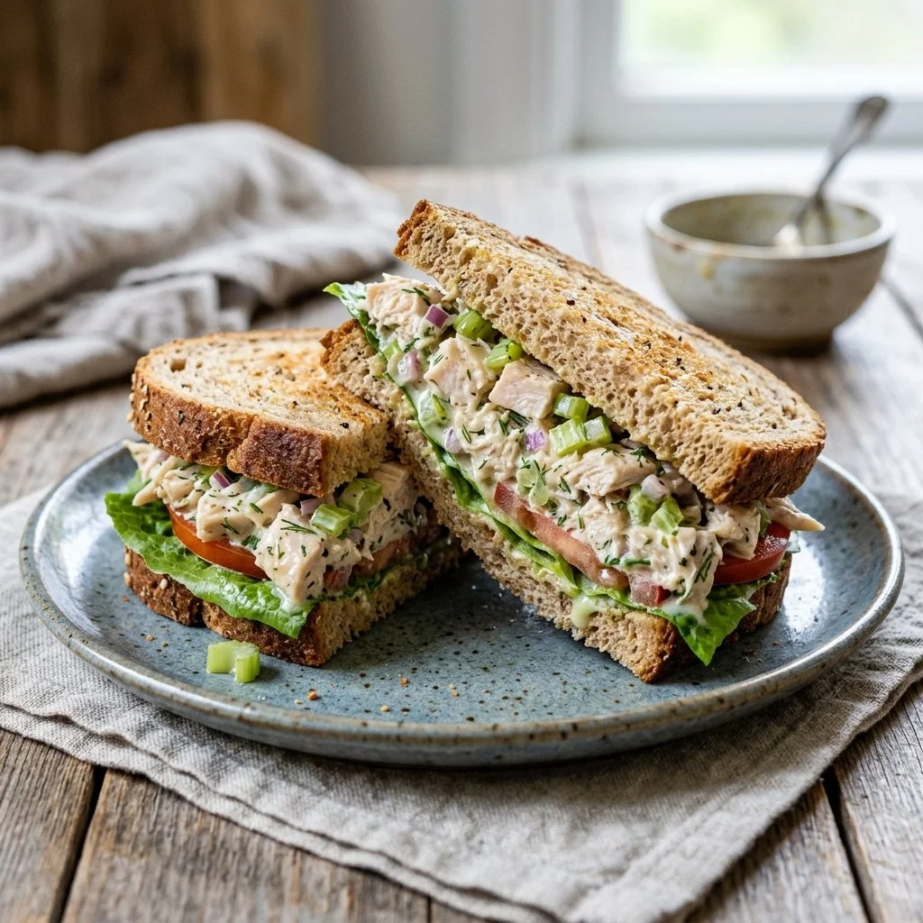 Delicious chicken salad sandwich with fresh ingredients on a rustic plate