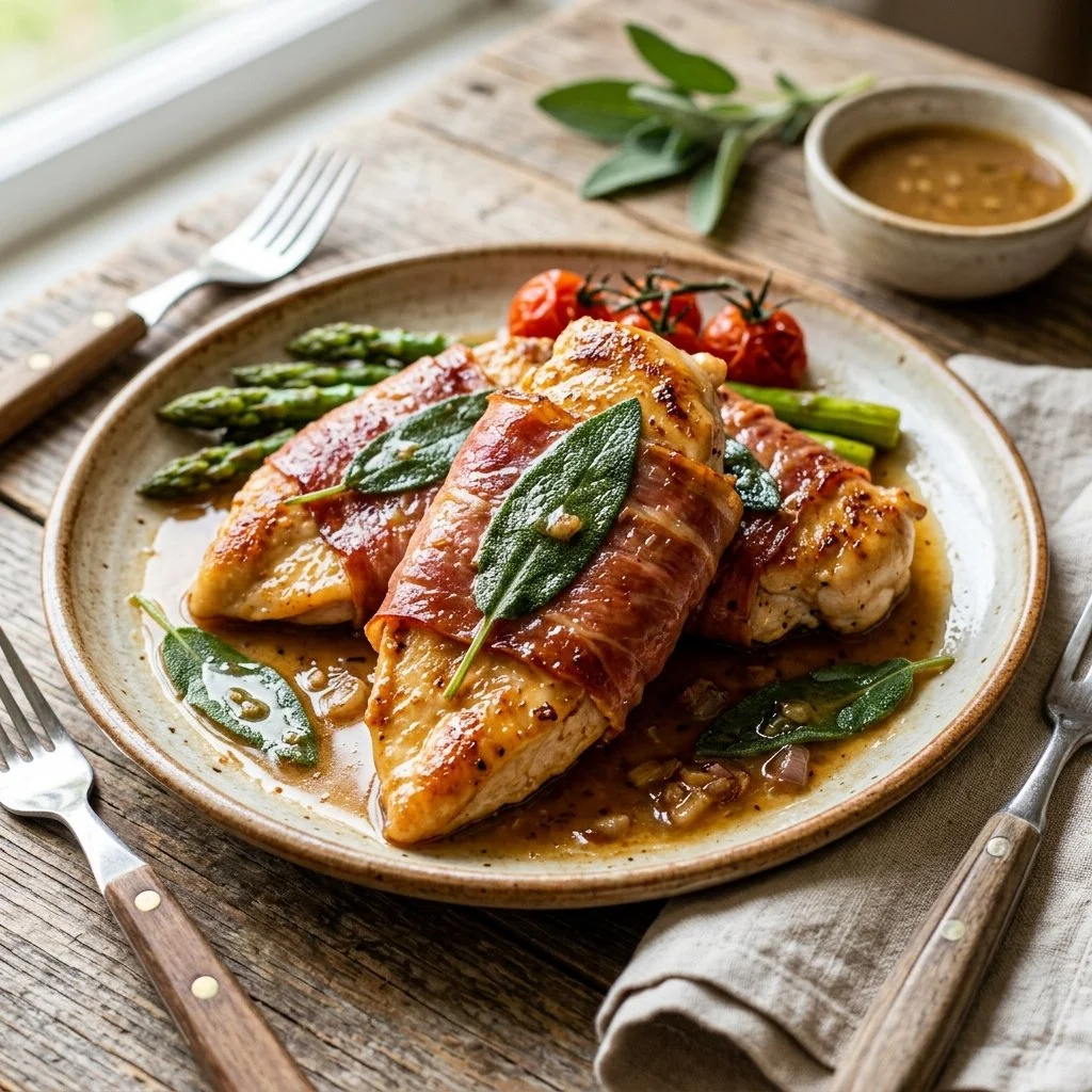 Plate of delicious Chicken Saltimbocca with prosciutto and sage garnish