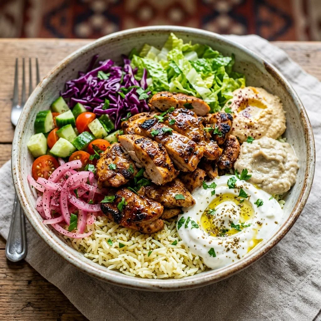 Delicious Chicken Shawarma Bowl with marinated chicken, fresh vegetables, and sauce