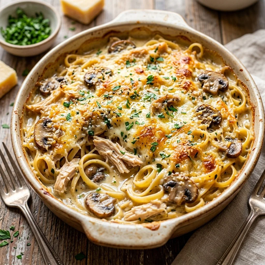 Delicious Chicken Tetrazzini served in a creamy sauce with garnishes.