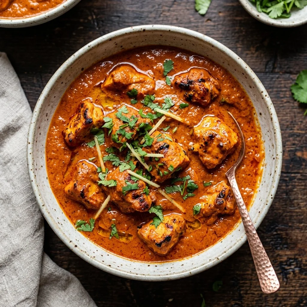 Delicious Chicken Tikka Masala served with naan and rice