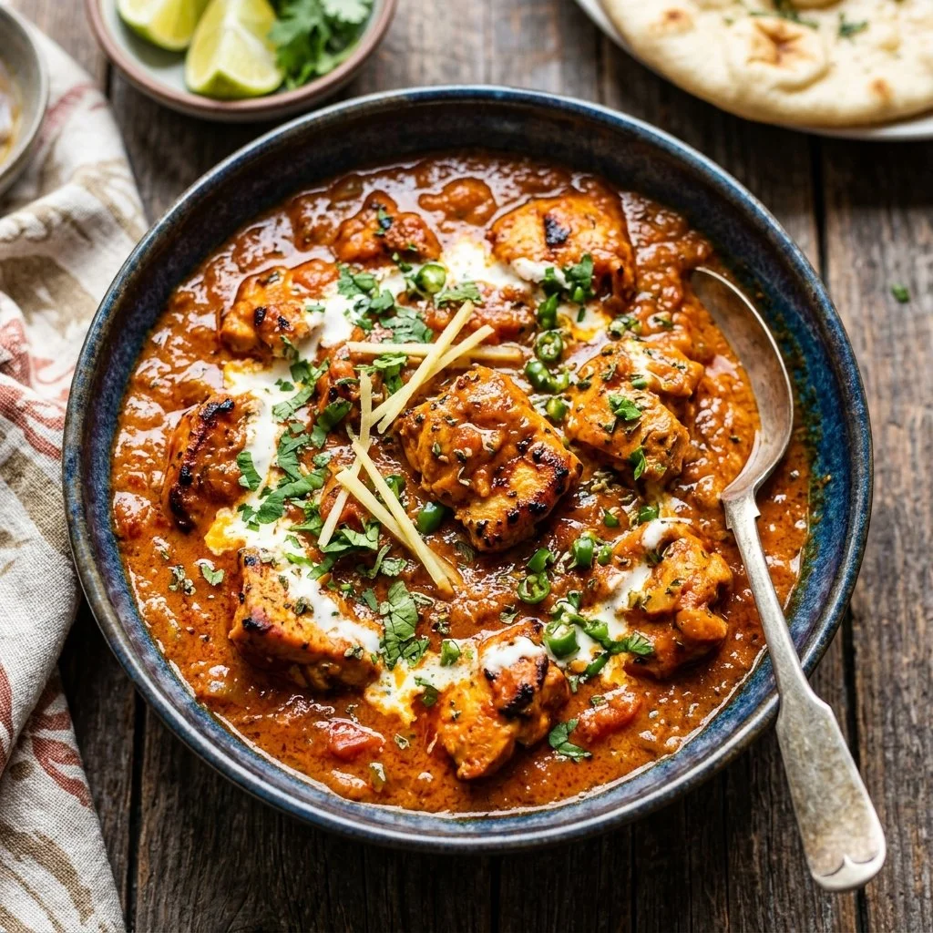 Delicious Chicken Tikka Masala served with rice and garnished with fresh cilantro